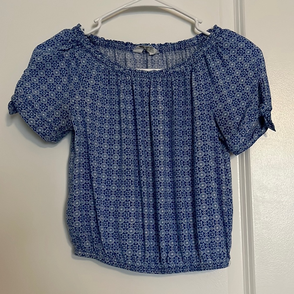 Blue and white boho inspired off the shoulder girls top